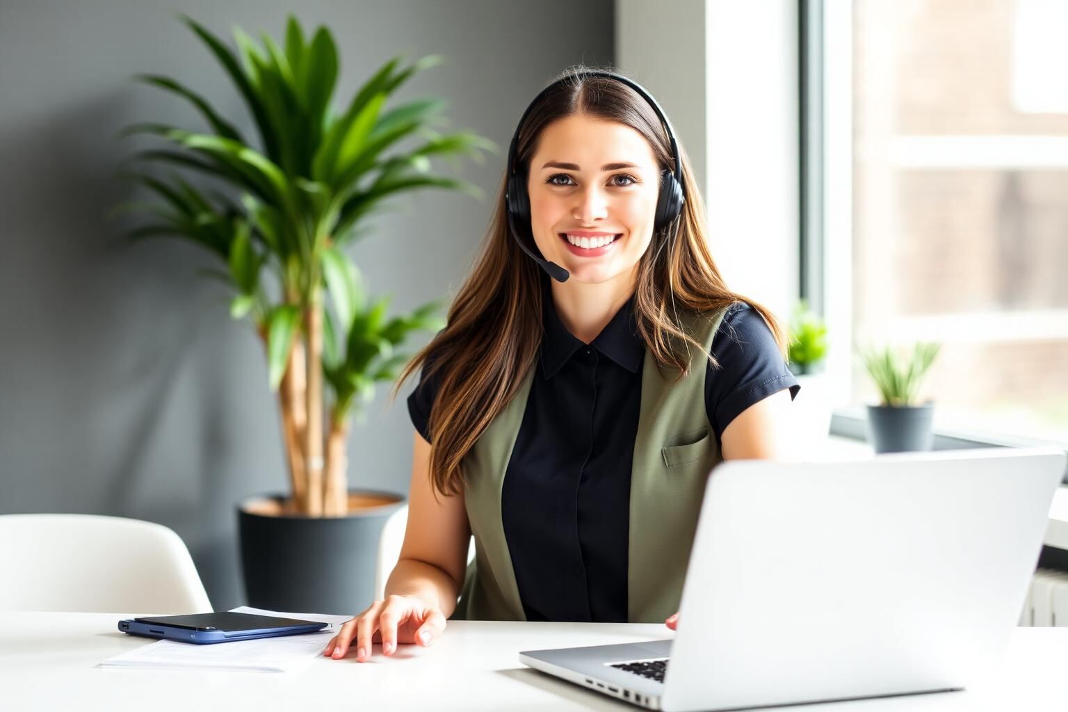 A friendly Natura customer service representative wearing a headset, ready to help at a bright modern desk.