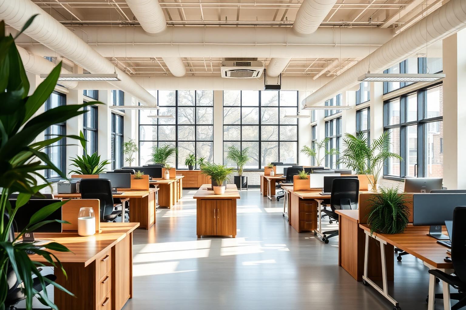 The bright modern Natura Partnerships office with plants, wooden desks and natural daylight.