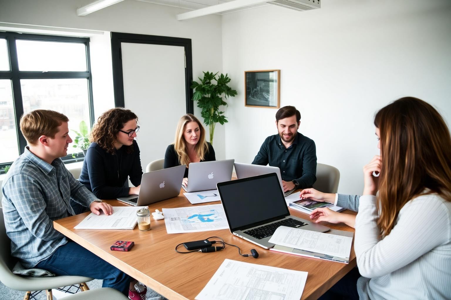 The Natura Partnerships team meeting around a table to plan an upcoming retrofit project.